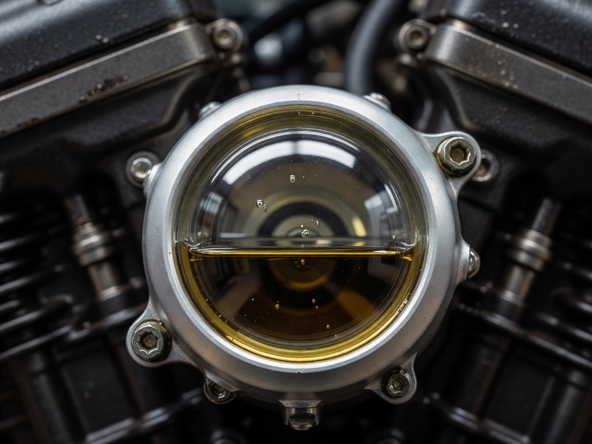 Close up of motorcycle engine sight glass showing clean oil level