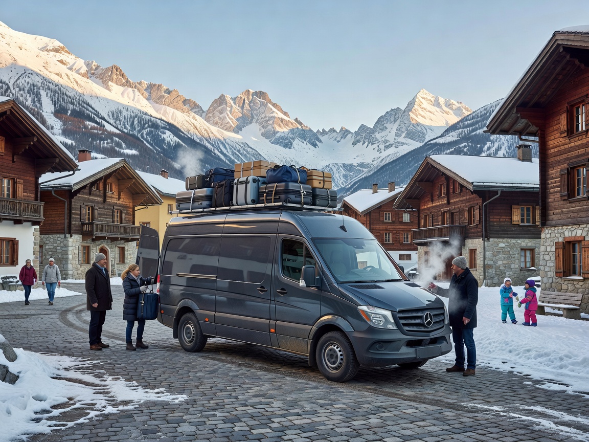 Courier luggage transfer van parked in an alpine town courtyard
