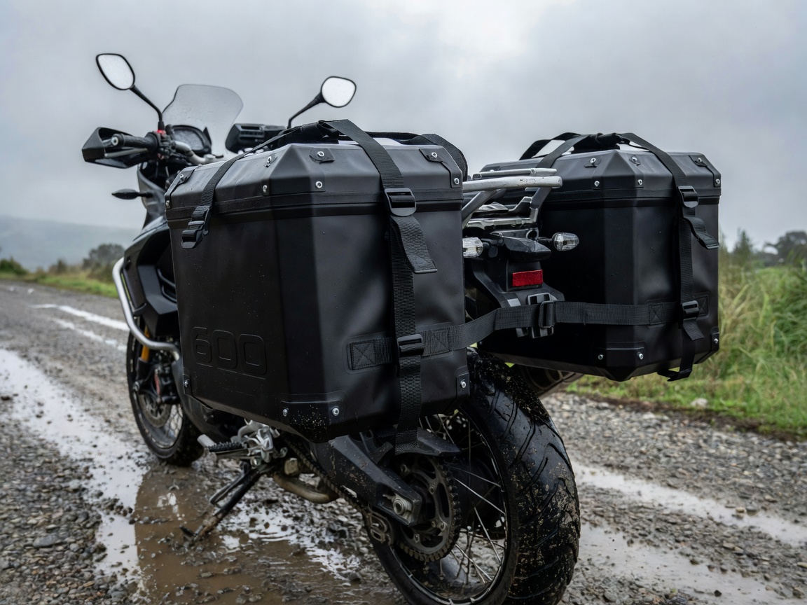 Heavy duty waterproof panniers mounted securely to a motorcycle frame