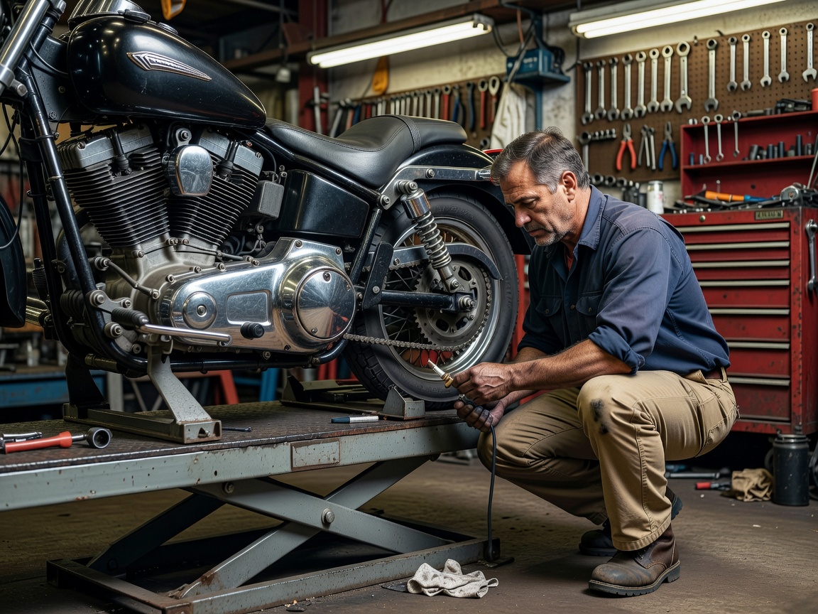 Mechanic inspecting motorcycle drive chain tension on a workshop lift