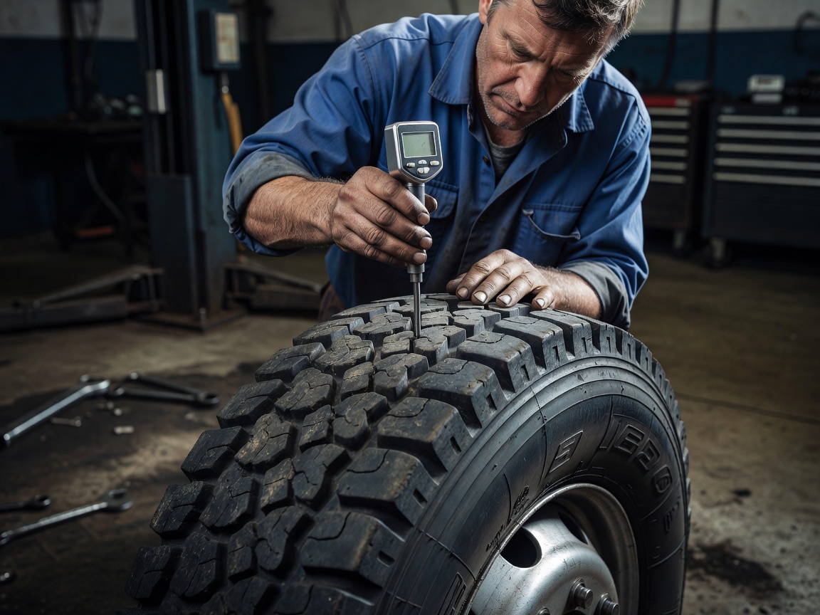 Mechanic measuring tyre tread depth with a precision gauge
