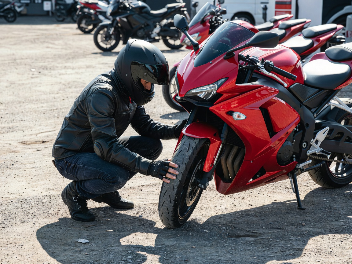 Motorcycle rider conducting walkaround check on a hire bike
