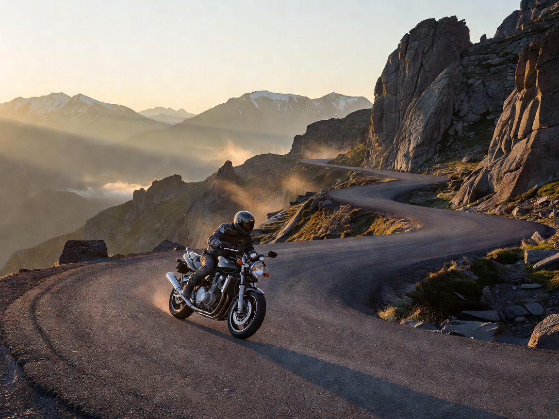 Motorcycle rider navigating a high mountain asphalt pass at dawn