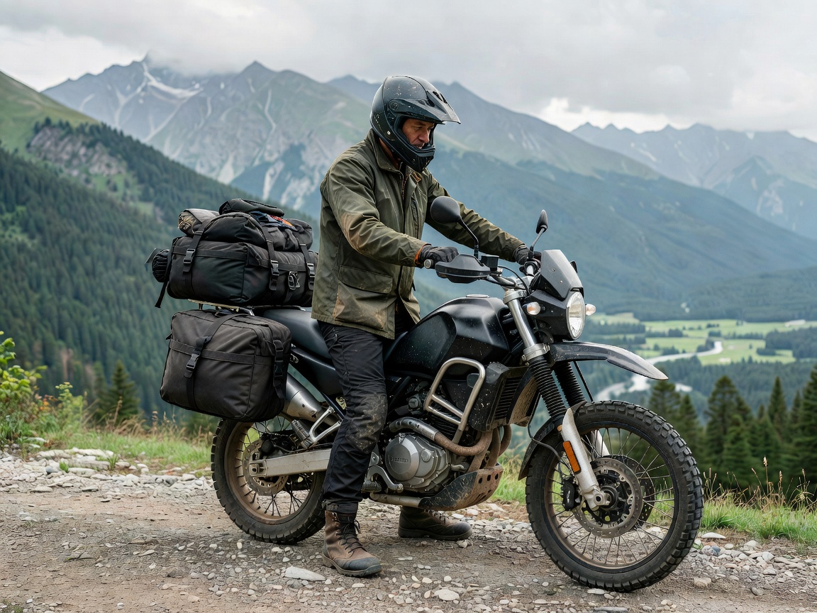 Motorcyclist balancing luggage evenly between left and right panniers