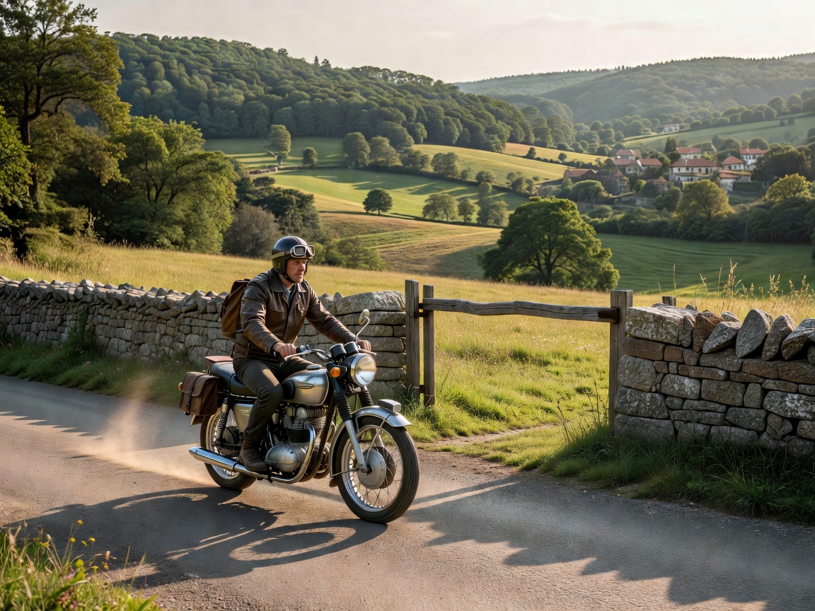 Motorcyclist crossing a scenic rural European regional border