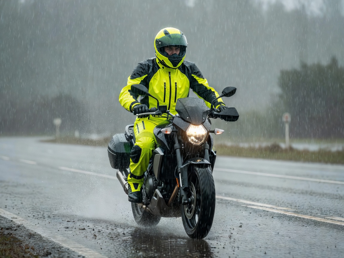 Motorcyclist wearing laminated all-weather touring suit in rain