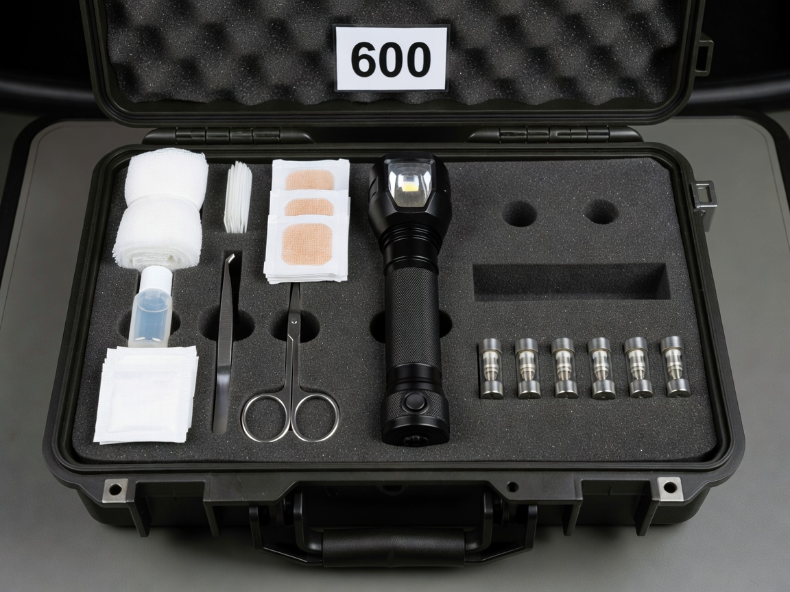 Organized travel emergency kit with first aid, torch, and fuses