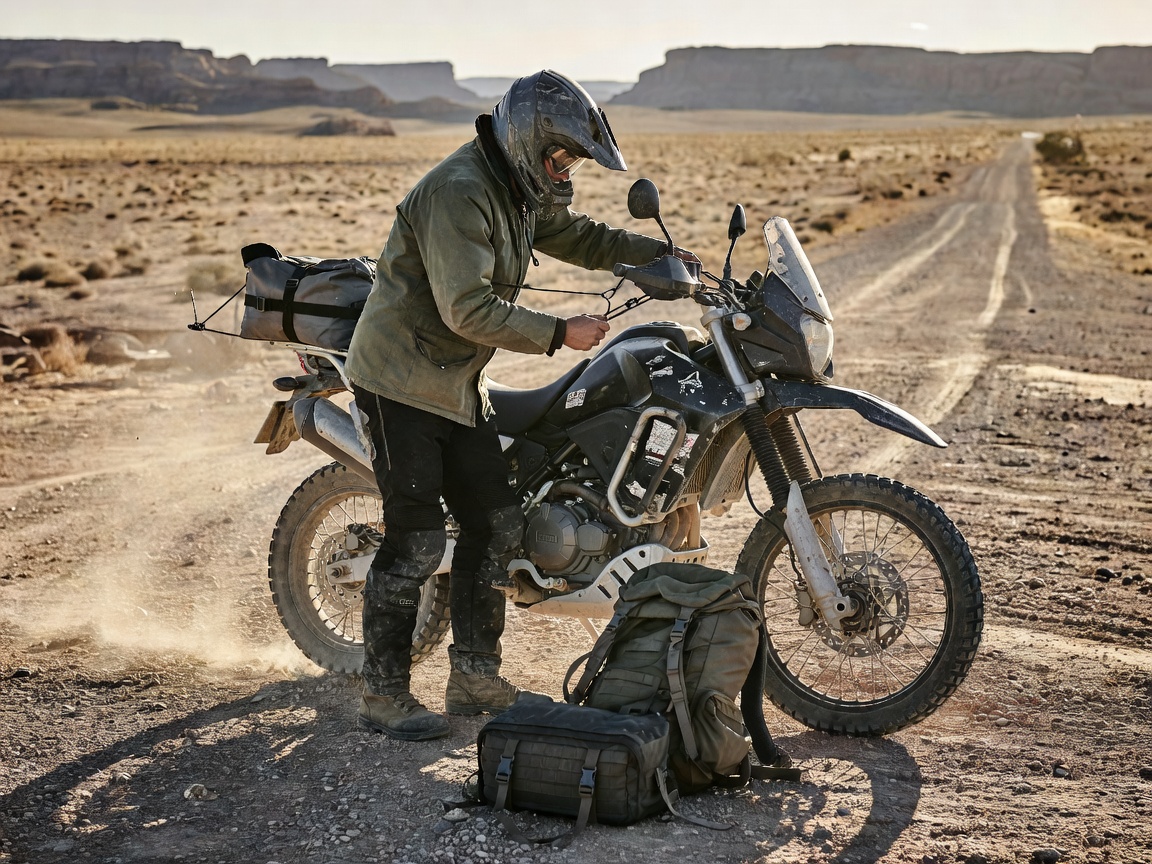 Rider loading personal gear onto a rented adventure motorcycle