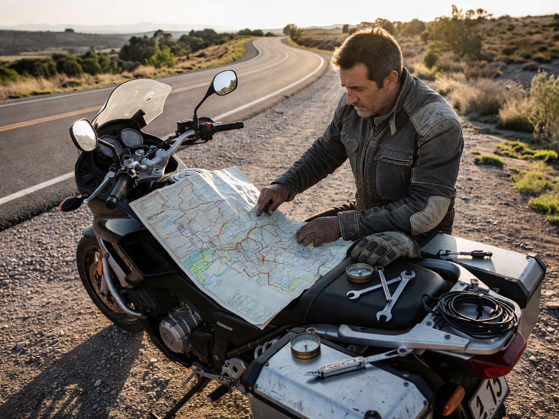 Rider reviewing physical map and tools beside a touring motorcycle