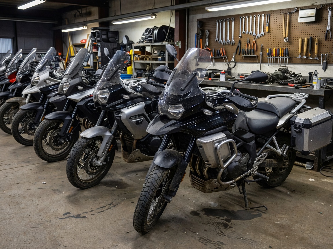 Row of touring and adventure motorcycles parked in a workshop bay