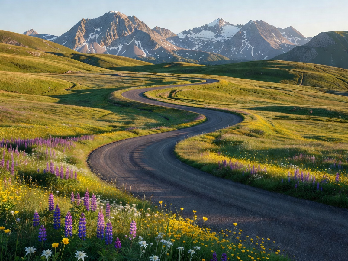 Scenic sweeping tarmac road carving through alpine meadows