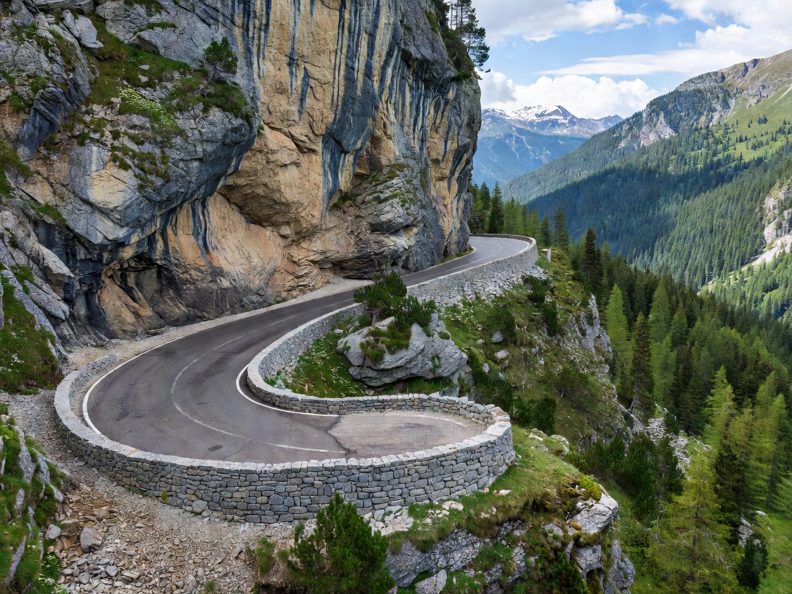 Sharp hairpin bend carving along an alpine cliff face